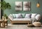 Stylish wooden sofa with green and grey cushions against green wall. Beige pouf and side table on hardwood floor. Scandinavian
