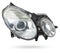 Stylish xenon headlight of a German car - optical equipment with a lamp inside on a white isolated background. Spare part for auto