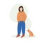Stylish young girl in jeans and sweater with a dog on a leash. A walk with her favorite pet. Kindness and love for animals. Female