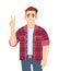 Stylish young man showing peace sign. Trendy person making victory, winner or two gesture with fingers. Male character design.