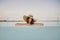 Stylish young woman in hat relaxing in pool and enjoying summer holiday. Summer vacation. Girl in sunhat on vacation in luxury