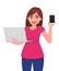 Stylish young woman holding a new laptop computer and showing mobile phone. Trendy girl using digital device. Female character.