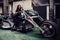 Stylish young woman model posing near a chic tricycle.