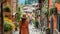 Stylishly attired woman strolling through a quaint Italian village, capturing the essence of shopping