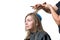 Stylist cutting hair of young blonde woman.