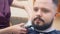 Stylist cutting males beard with black comb and clipper, close shot. Man in hairdressing saloon. Males face close up