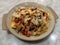 Stylist food, homemade Italian pasta spaghetti salmon garlic mushroom top with chop parsley in restaurant.healthy food.Italian foo