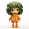 Stylistic Manga Doll With Orange Coat And Green Flowers