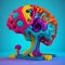 A stylized 3D medical figure with a brightly colored brain, surrounded by a vibrant aura.