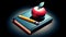 A stylized 3D render of a red apple atop a closed book with a pencil, symbolizing education and knowledge.