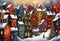 Stylized abstract snowy winter, Christmas decorated fairy fantasy houses background