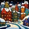 Stylized abstract snowy winter, Christmas decorated fairy fantasy houses background