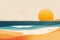 Stylized beach sunset with waves and seagull. Flat design illustration of a coastal scene with sun and bird in pastel