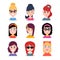 Stylized beautiful young girls and women. Avatars in cartoon flat style. Female characters