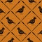 Stylized bird and diagonal grid seamless vector pattern background. Folk art or baroque style birds. Earthy ochre black