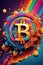 stylized Bitcoin coin exploding into a burst of rainbow-hued digital particles