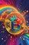 stylized Bitcoin coin exploding into a burst of rainbow-hued digital particles