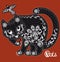 Stylized black and white patterned cat on red