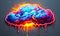 Stylized brain shaped cloud with sunburst and dripping paint, representing creative thinking, bright ideas, and brainstorming