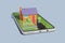 A stylized cartoon house for sale rising up from a mobile phone. Concept of online real estate. Buying and selling home online.