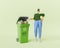 Stylized Cartoon Woman Recycling Plastic Bottles in Green Bin