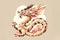 Stylized Chinese dragon with abstract triangle design in pastel colors on beige background symbol of 2024 year.