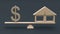 Stylized coins with a dollar symbol and a mock-up of a wooden house stand on a swing on a dark background. 3D rendering.