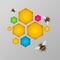 Stylized colorful honeycomb with honey and bees