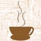 Stylized cup of coffee over a background with terms about coffee