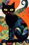 Stylized cute black cat vibrant colors kitsch mid century modern art abstract background