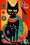 Stylized cute black cat vibrant colors kitsch mid century modern art abstract background