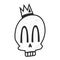 Stylized cute black and white silhouette of a skull wearing a crown smiles with arched eyes. Design for tattoo