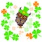 Stylized cute colorful flat design owl at hat with clover, zen tangle style saint Patrick`s day