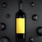 Stylized dark glass wine bottle with bright yellow label on black background. 3d rendering