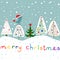 Stylized Doodle Fir Trees Ornaments Baubles Star Forest. Snowfall Cute Kawaii Bird in Santa Claus Hat. Blue Background.Christmas