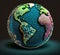 Stylized earth globe with continents, close-up on dark background