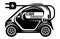 Stylized electric car with power plug. The theme of ecological transport. Vector monochrome illustration. Editable template for