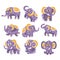 Stylized Elephant With Polka-Dotted Pattern Series Of Childish Stickers Or Prints Of Friendly Toy Animal In Violet