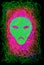 Stylized face on a background of green and purple lines.  Fear of artificial intelligence.