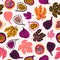 Stylized figs and leaves. Slices in a cut. Food seamless pattern. Stylish abstract fabric design