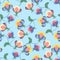 Stylized flowers. Floral ornament in the style of Russian folklore. Seamless pattern on a blue background