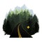 Stylized forest road vector illustration with mountains in the h