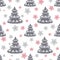 Stylized gray Christmas trees under snow and snowflakes on a Christmas seamless pattern. Perfect background for Christmas