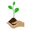Stylized hand holding a pile of dirt and growing plant