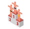 Stylized human figures on podium. Business graph, financial or personality progress, success
