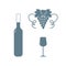Stylized icon of a colored bottle of wine, wine glass and grapes