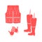Stylized icon set of a colored vest, boots and gloves