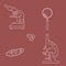 Stylized icons of microscopes, magnifier, amoeba, ciliate-slipper. Laboratory equipment symbol.