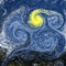 Stylized illustration of a night sky with a moon, colorful spirals in blue, black and yellow.