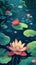 Stylized illustration of a pond with lotus flowers